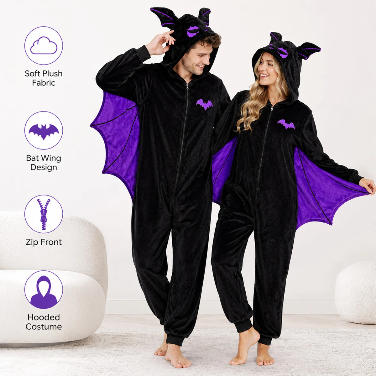 Adult models wearing black bat-wing onesies with purple wings; feature infographic highlights soft plush fabric, bat-wing design, front zipper and hood.