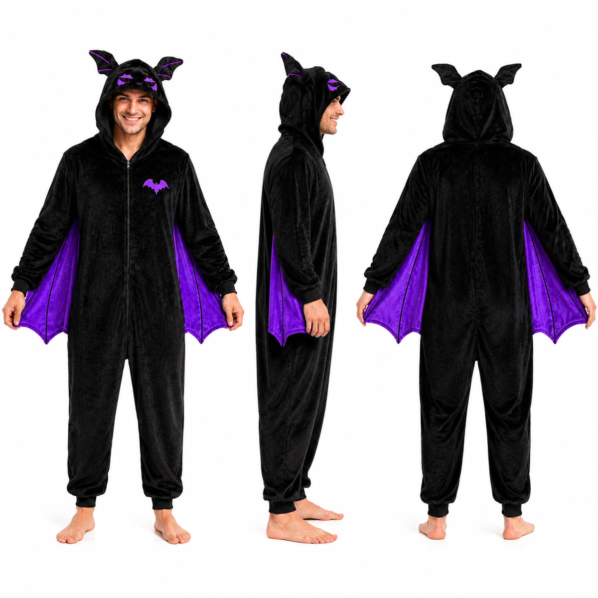 Alternate front, side and back views of an adult wearing the black bat-wing onesie with purple wings.