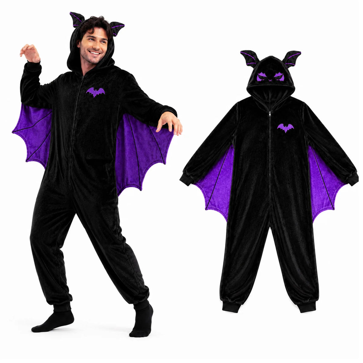Adult wearing the black bat-wing onesie with purple wings, shown beside the full garment.