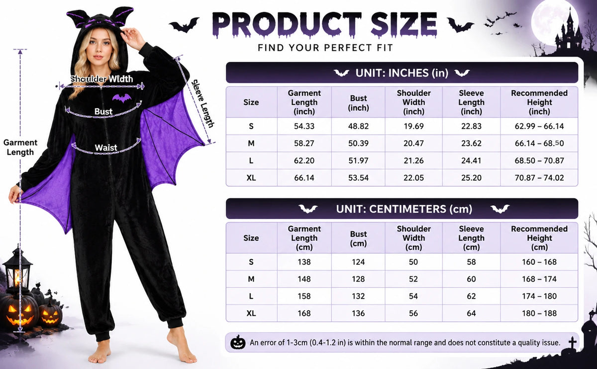 Adult purple bat-wing onesie size chart showing S, M, L and XL garment measurements in inches and centimeters; M recommended height is 168–174 cm (66.14–68.50 in).