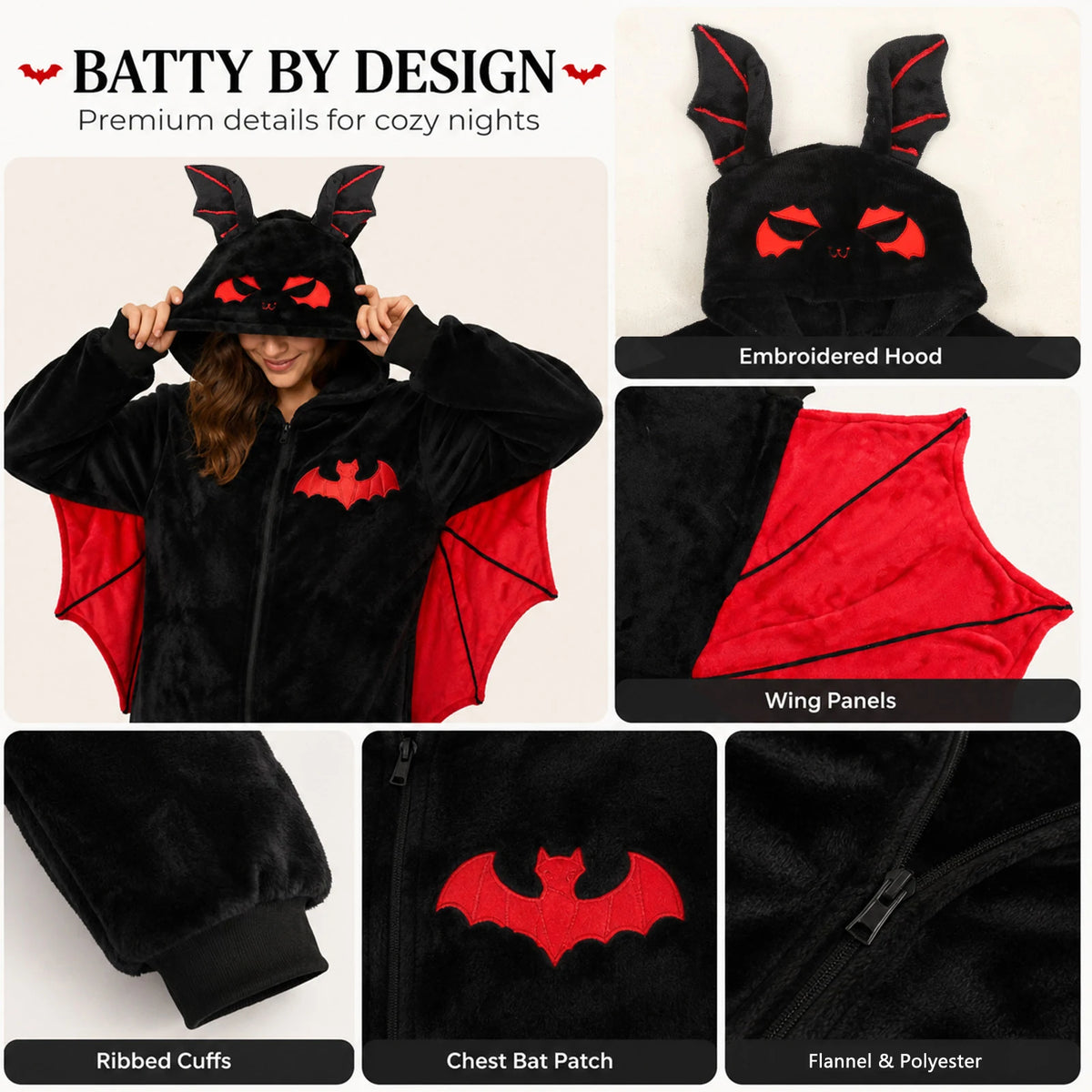 Adult red bat-wing onesie detail infographic showing the hood embroidery, red wing panels, ribbed cuffs, chest bat patch and zipper.