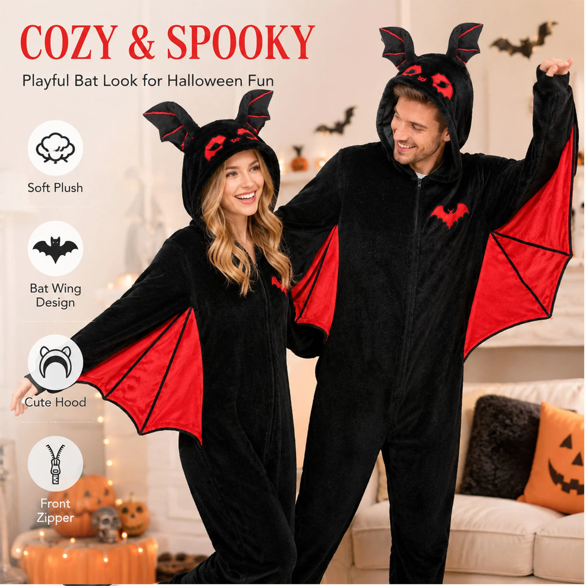 Adult models wearing black bat-wing onesies with red wings; feature infographic highlights soft plush fabric, bat-wing design, hood and front zipper.