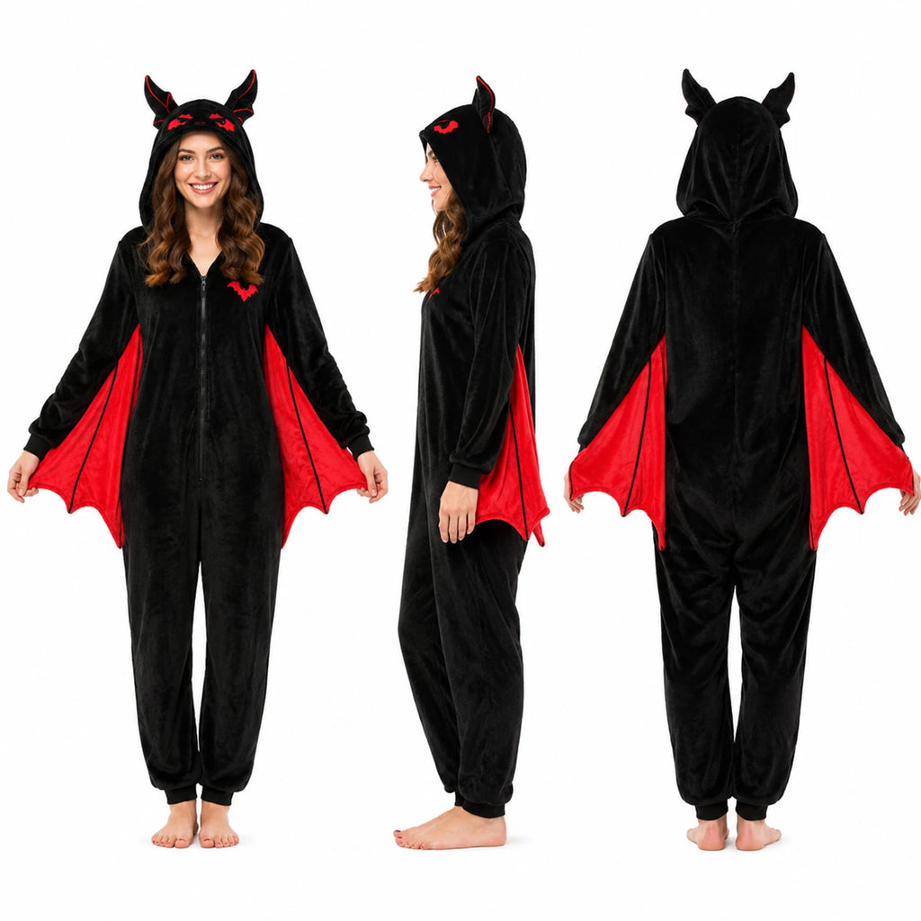 Alternate front, side and back views of an adult wearing the black bat-wing onesie with red wings.