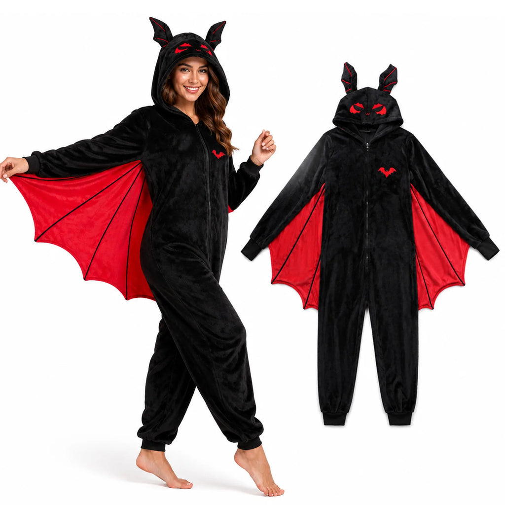 Adult wearing the black bat-wing onesie with red wings, shown beside the full garment.