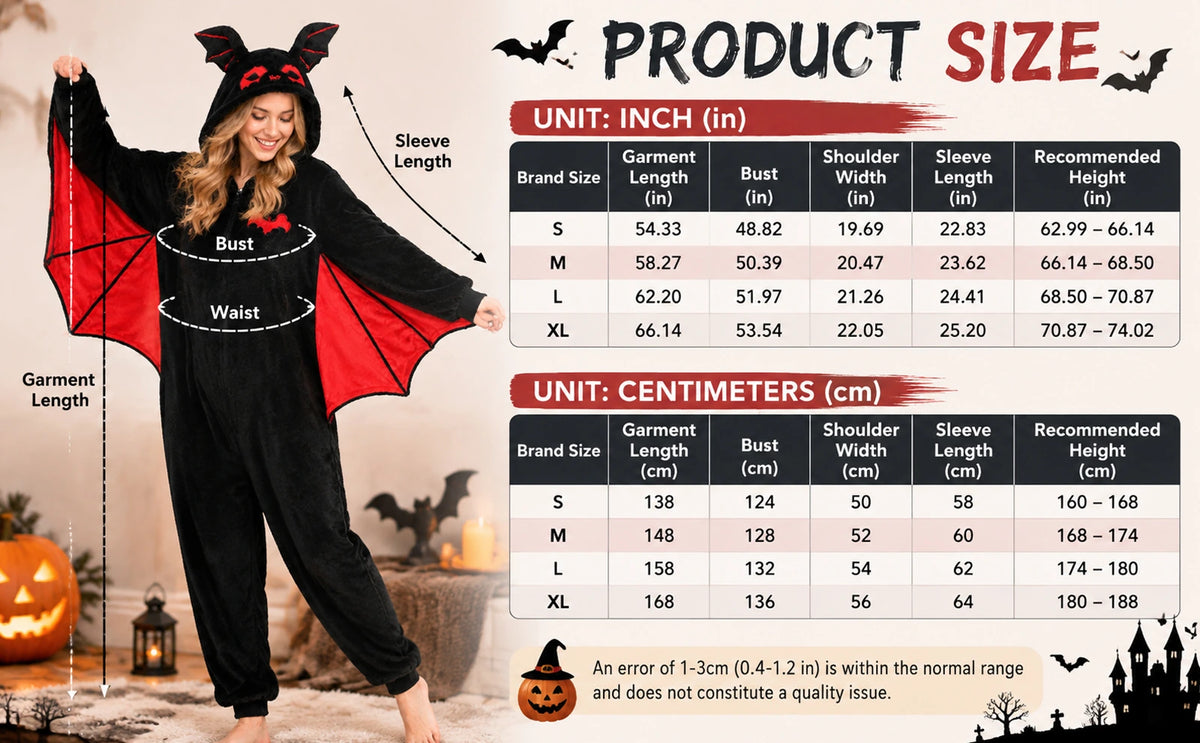 Adult red bat-wing onesie size chart showing S, M, L and XL garment measurements in inches and centimeters, with recommended height ranges.