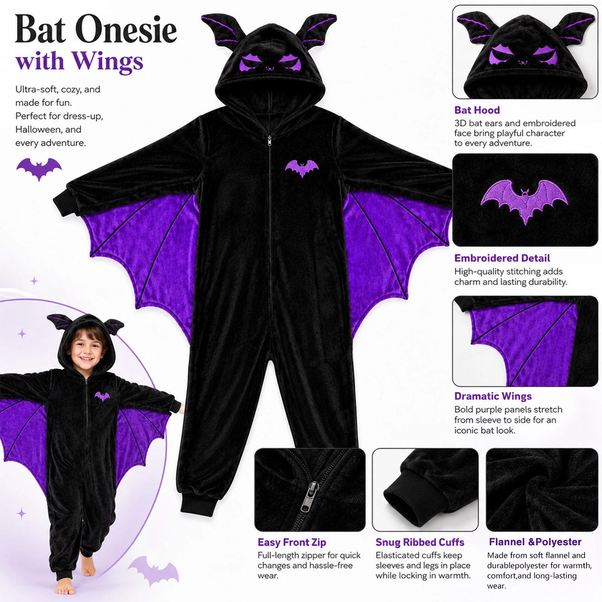 Kids purple bat-wing onesie detail infographic showing the hood, embroidered bat patch, wings, zipper, cuffs and a child wearing the costume.