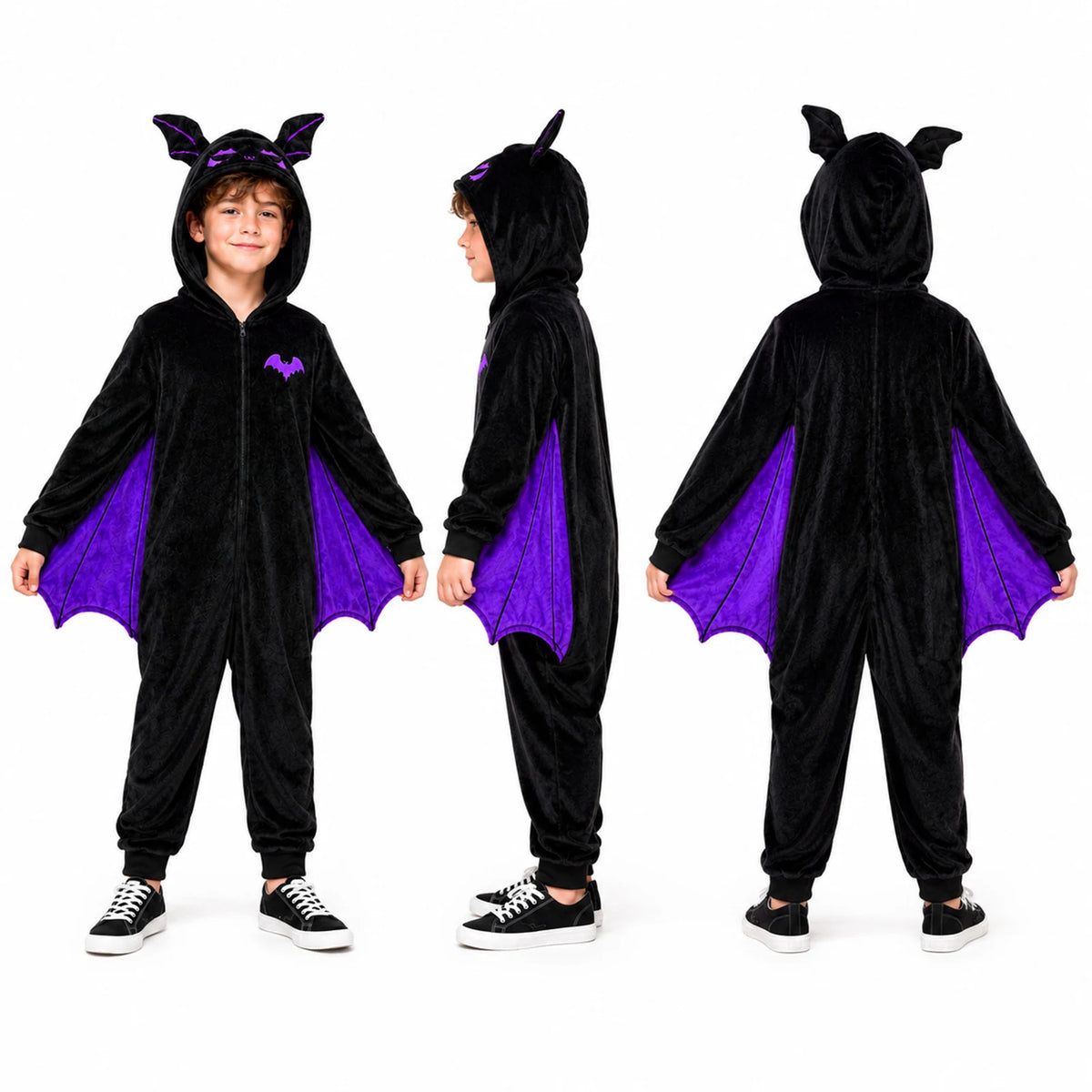 Alternate front, side and back views of a child wearing the black bat-wing onesie with purple wings.