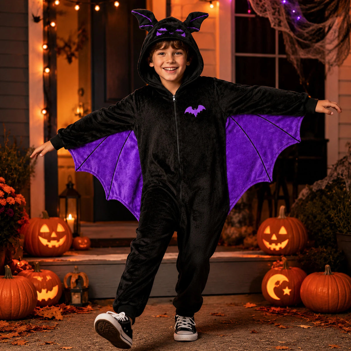 Child wearing the black bat-wing onesie with purple wings in a Halloween-decorated room.