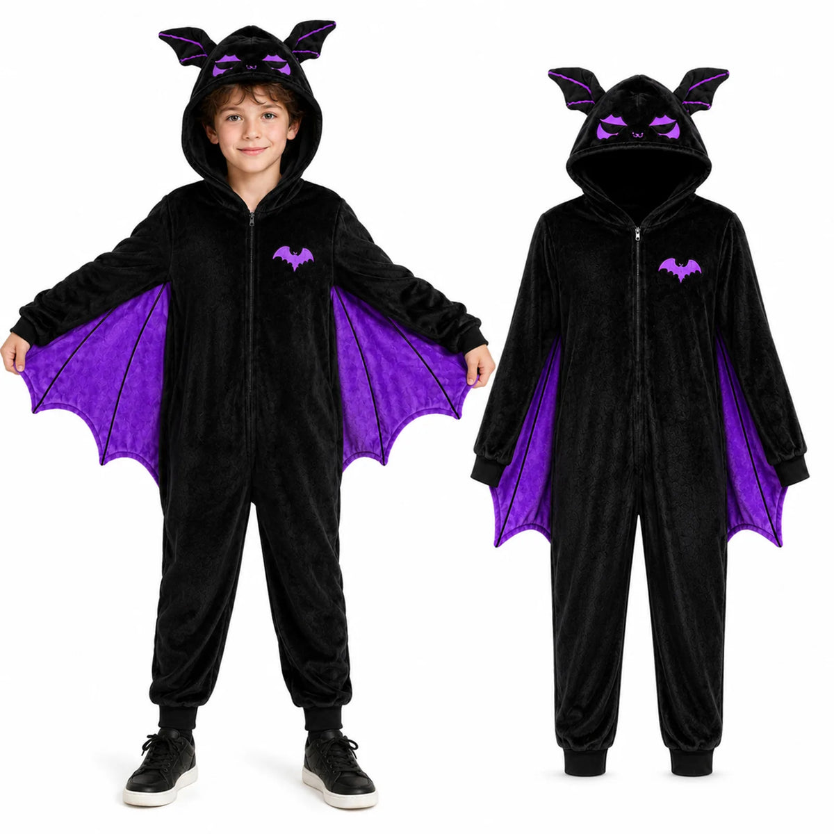 Child wearing the black bat-wing onesie with purple wings, shown beside the full garment.