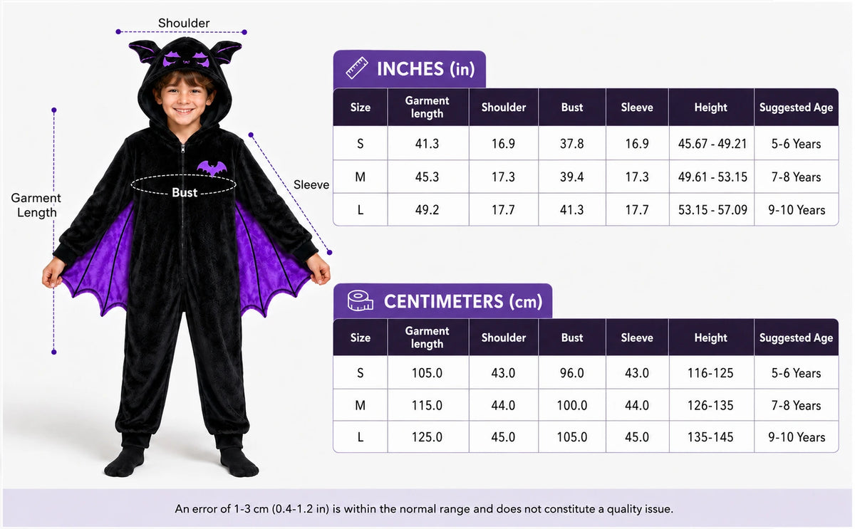 Kids purple bat-wing onesie size chart for S, M and L, with garment length, shoulder, bust, sleeve, recommended height and suggested ages in inches and centimeters.