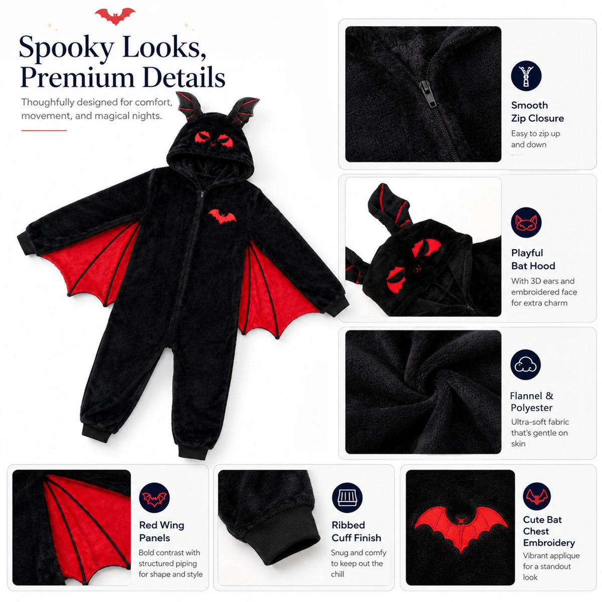 Kids red bat-wing onesie detail infographic showing the hood, zipper, red wing panels, cuffs and chest bat patch.