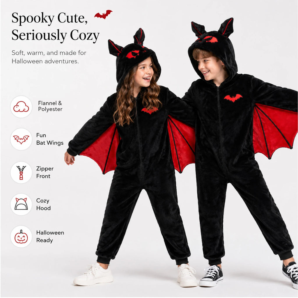 Two children wearing black bat-wing onesies with red wings; feature infographic highlights the soft feel, bat wings, front zipper and hood.