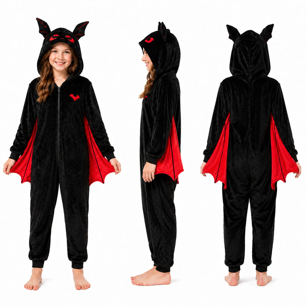 Alternate front, side and back views of a child wearing the black bat-wing onesie with red wings.