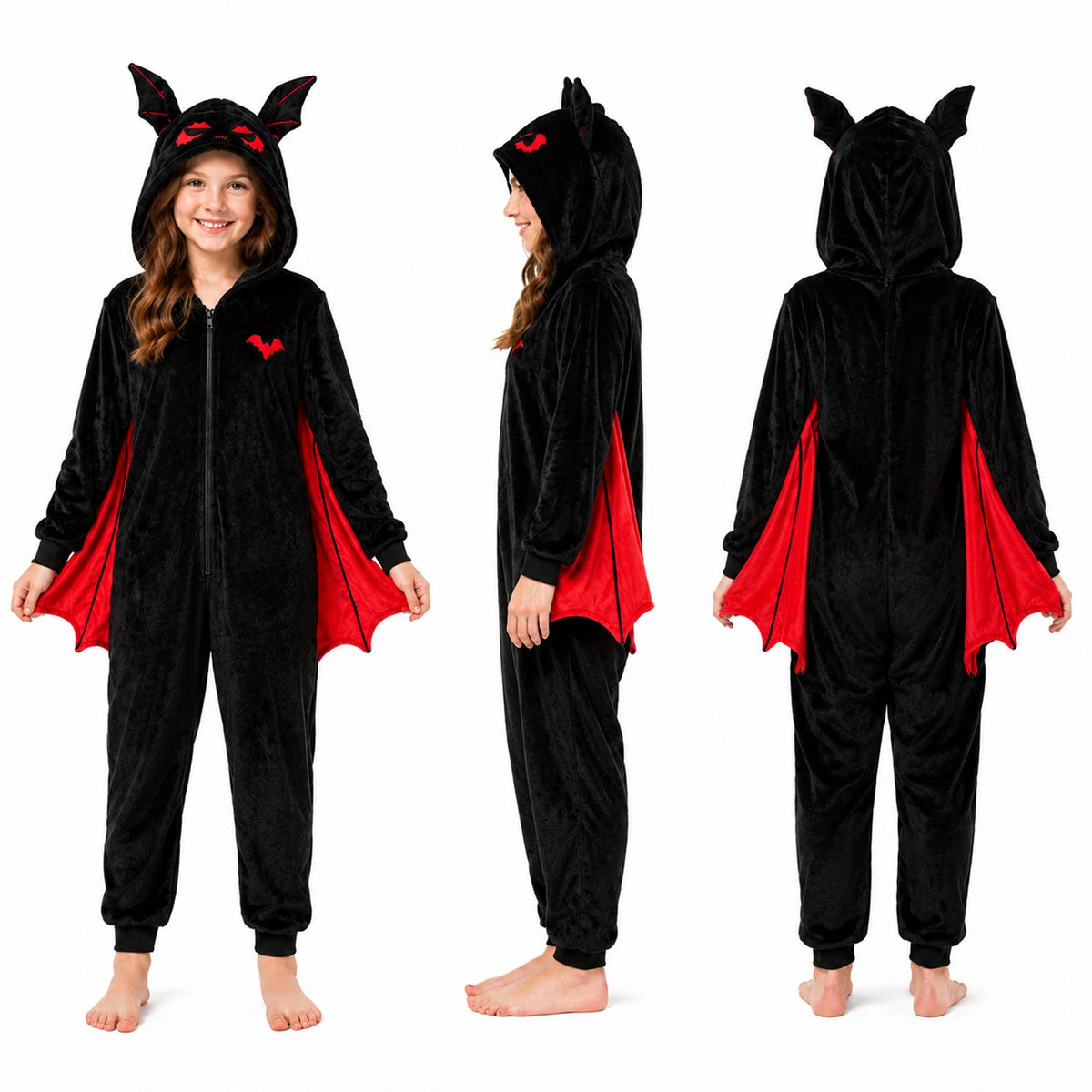 Alternate front, side and back views of a child wearing the black bat-wing onesie with red wings.