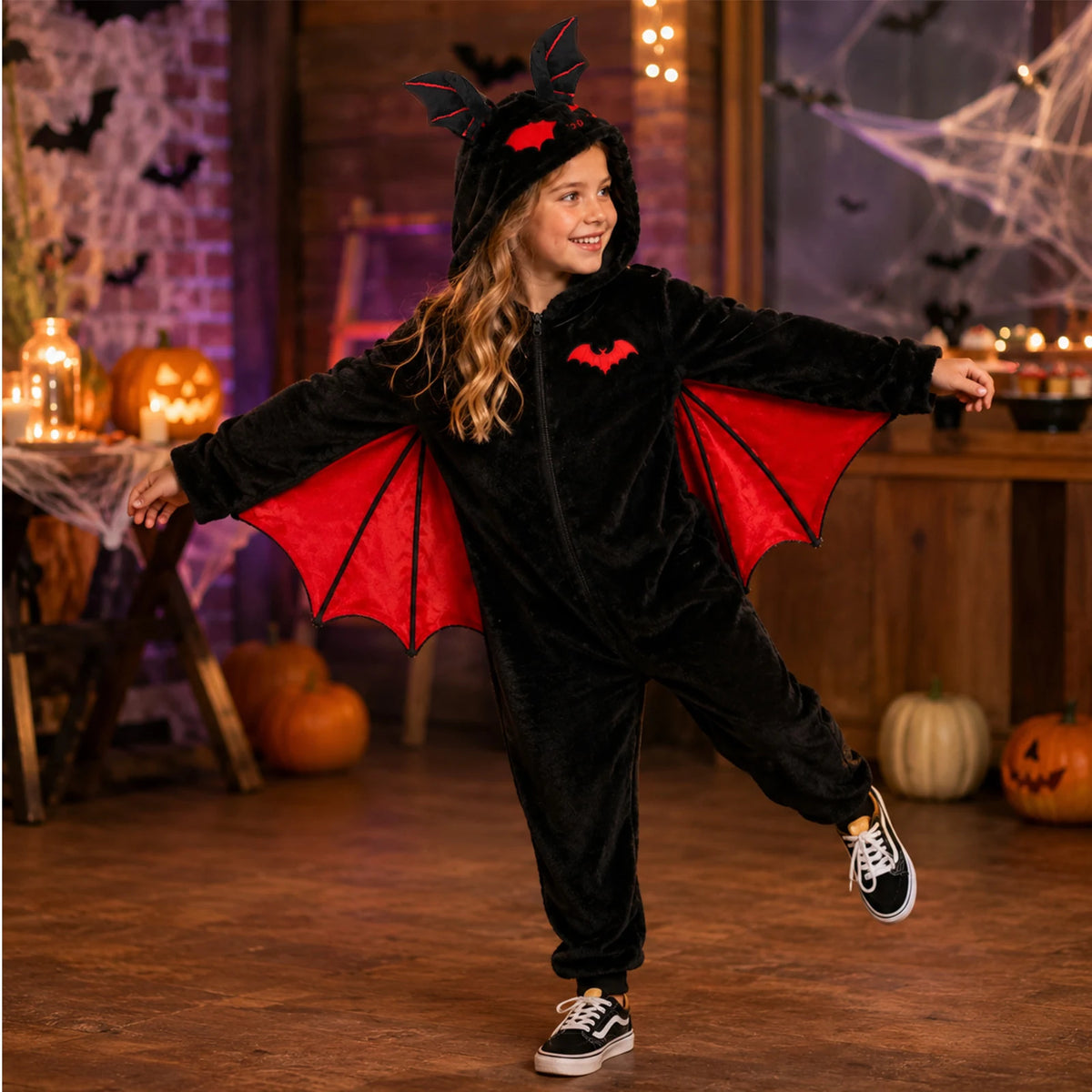 Child wearing the black bat-wing onesie with red wings in a Halloween-decorated room.