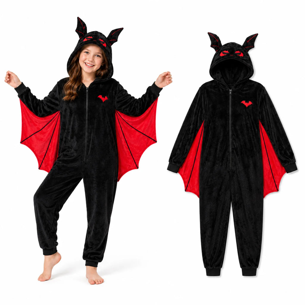 Child wearing the black bat-wing onesie with red wings, shown beside the full garment.