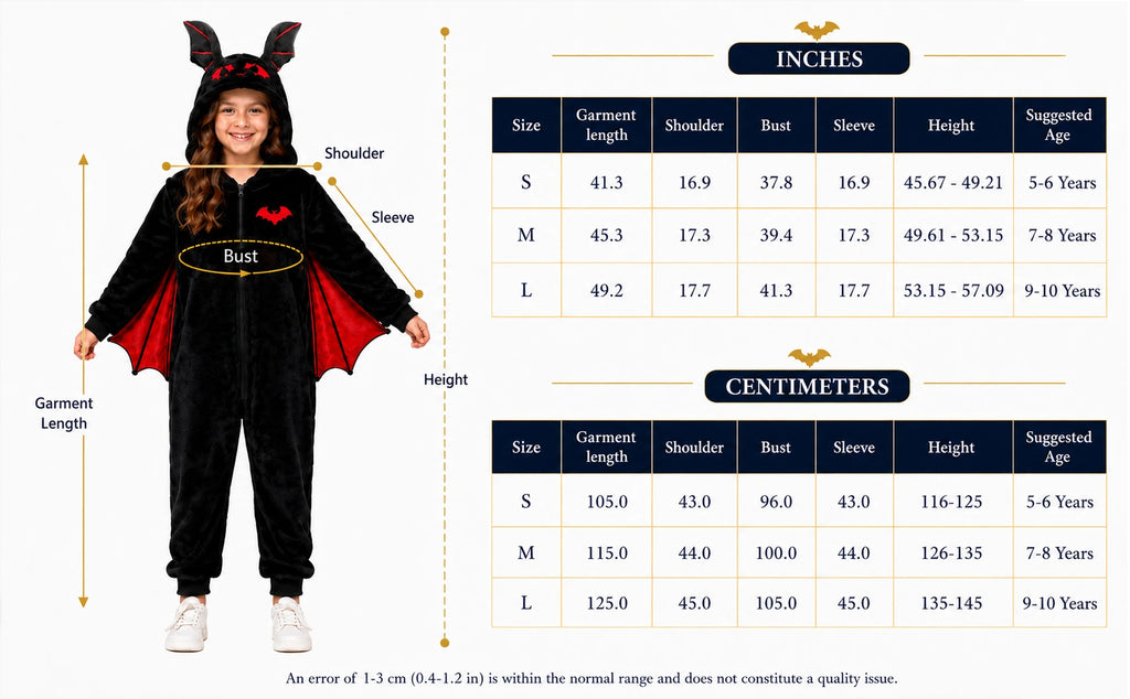 Kids red bat-wing onesie size chart for S, M and L, with garment length, shoulder, bust, sleeve, recommended height and suggested ages in inches and centimeters.