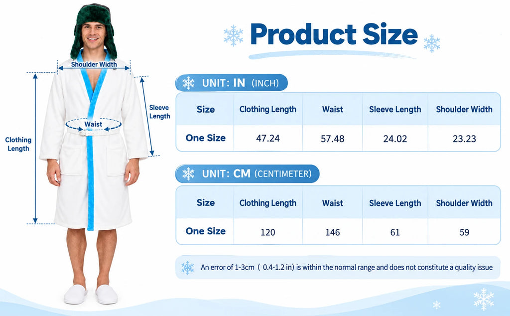 One Size robe chart showing length, garment waist, sleeve length and shoulder width in inches and centimetres.