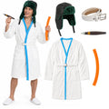 Man wearing a white bathrobe costume with blue trim, green trapper hat and white belt, beside the included props.