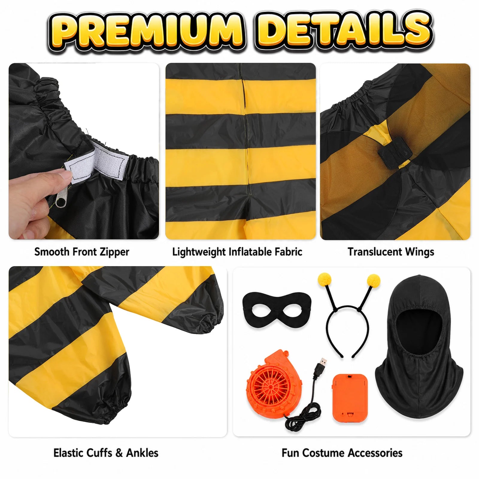 Close views highlight the striped fabric, black wings, cuffs, mask and antenna headband