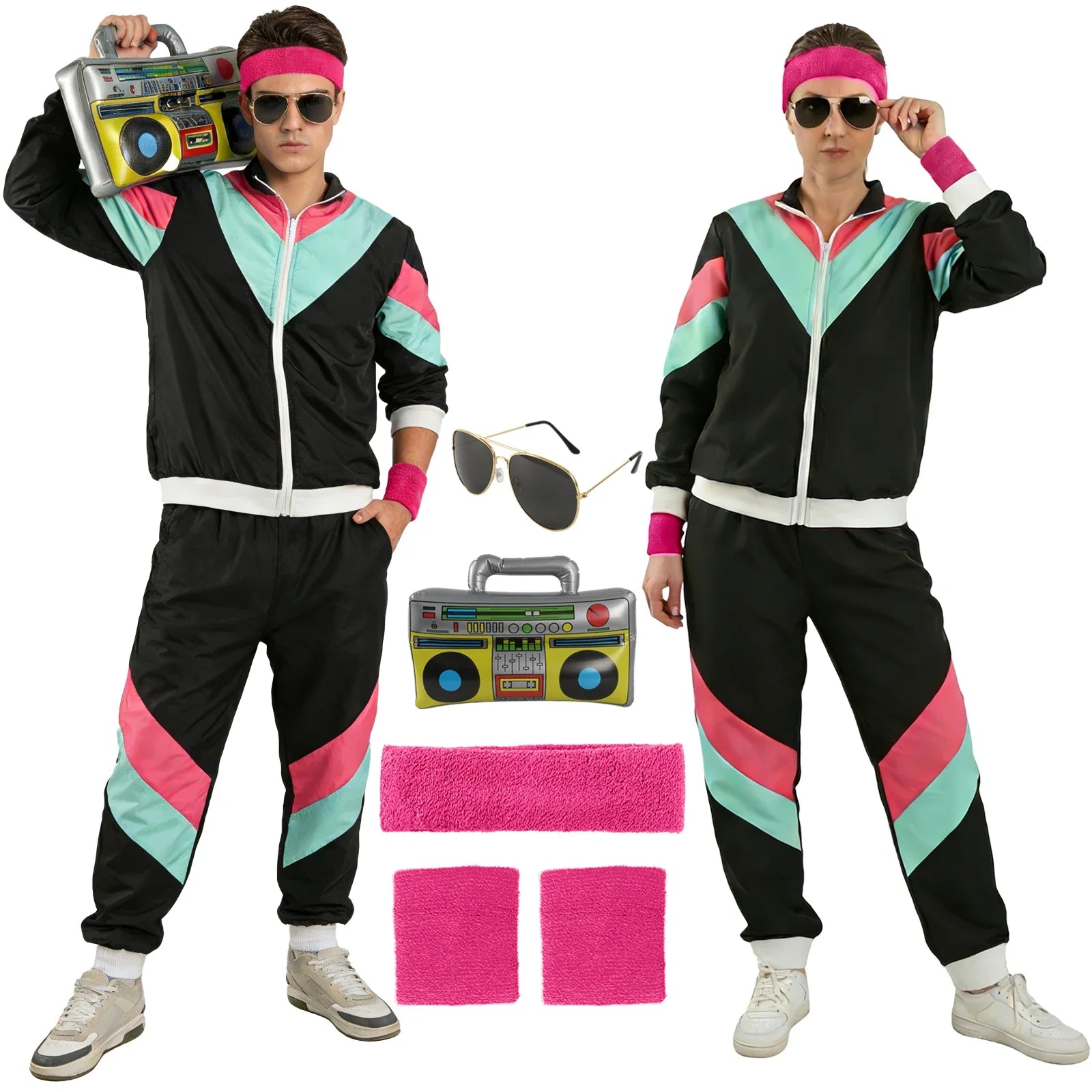 Adult wearing the Black Accessory Set 80s retro tracksuit costume in a full-length front view.