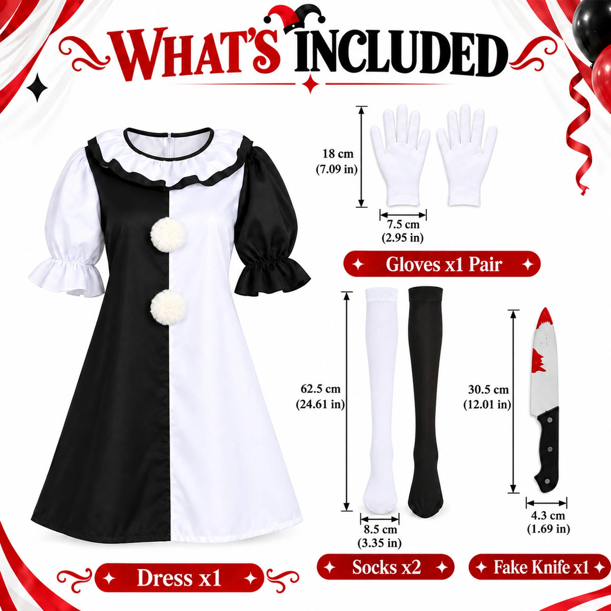 The black and white clown costume chart identifies the dress, gloves, socks and costume knife prop with accessory measurements.