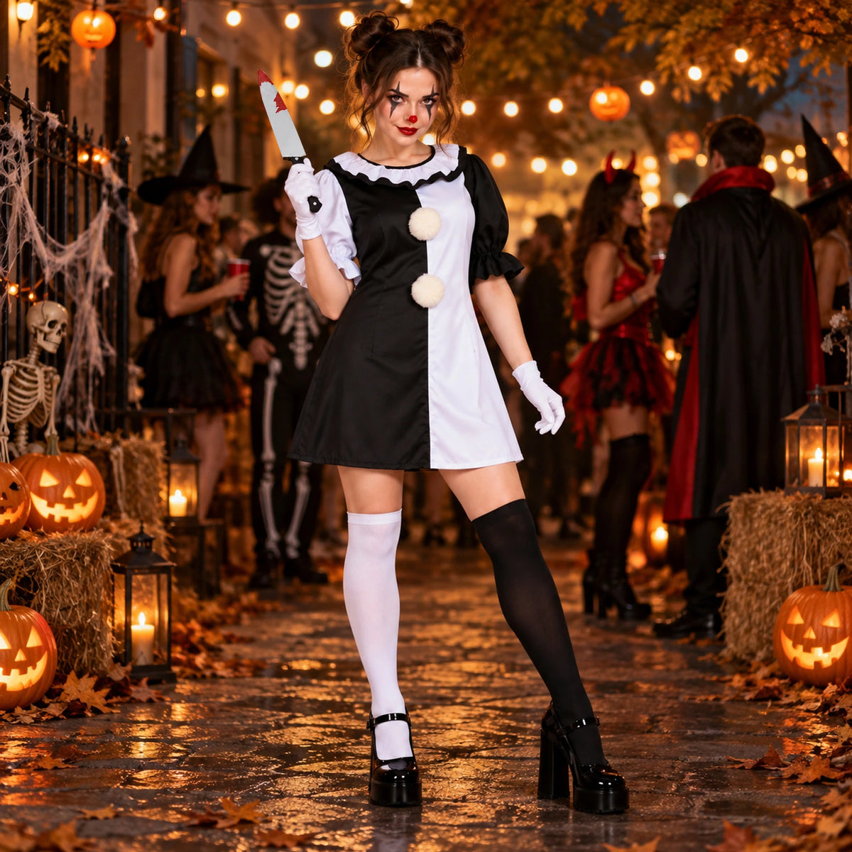 Woman wearing the Black and White ruffle clown dress with white gloves, contrasting socks and a costume knife prop at a Halloween party.
