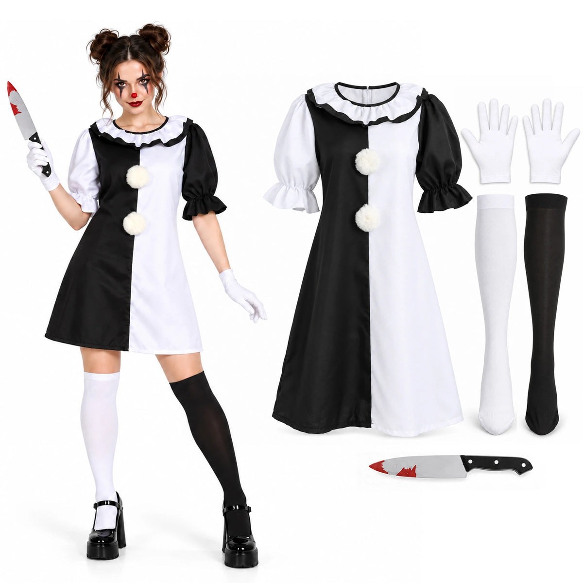The black and white clown dress costume is shown on a woman beside its gloves, socks and costume knife prop.