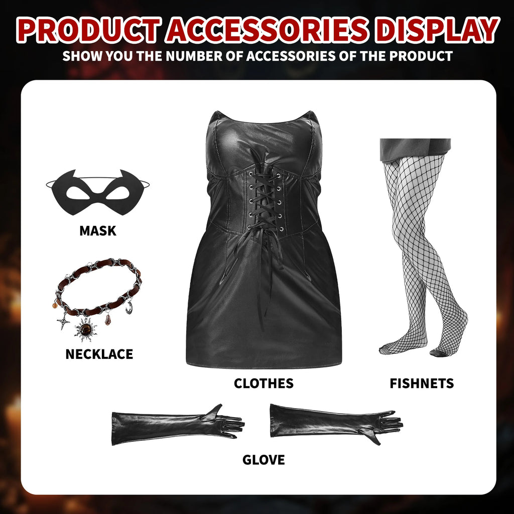 Black cat costume set contents with strapless dress, pointed mask, long gloves, fishnets and charm necklace