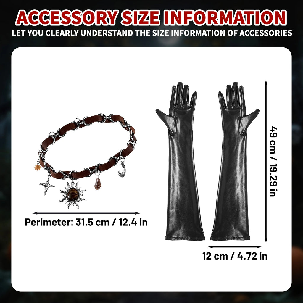Black cat costume accessory measurements for long gloves and celestial charm necklace