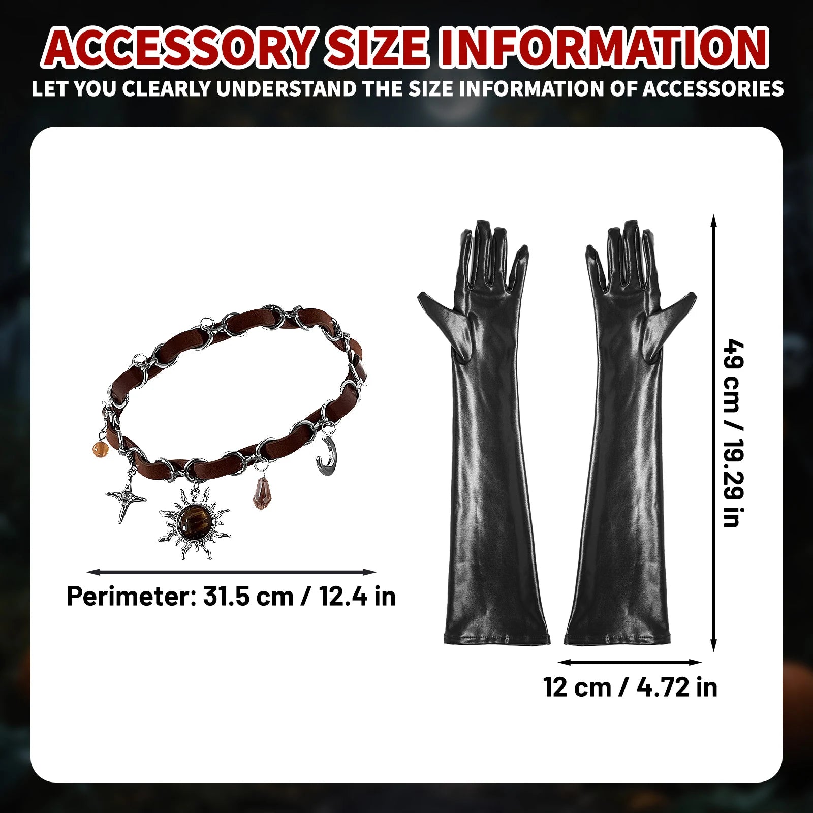 Black cat costume accessory measurements for long gloves and celestial charm necklace
