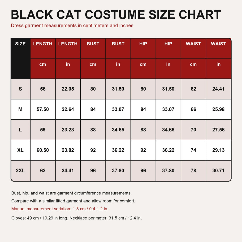 Women's black cat costume size chart for S through 2XL in centimeters and inches