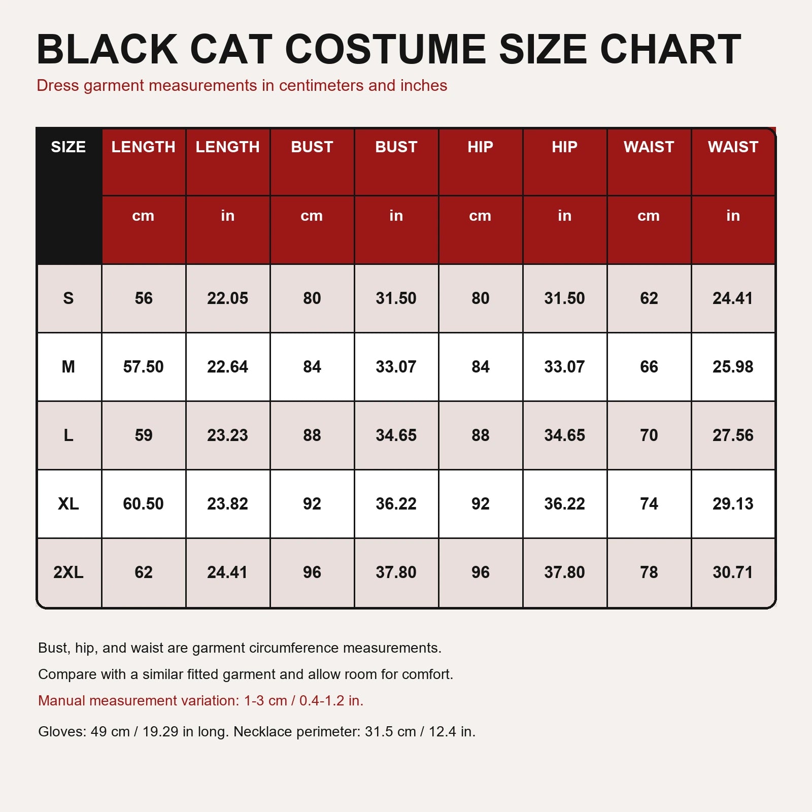 Women's black cat costume size chart for S through 2XL in centimeters and inches