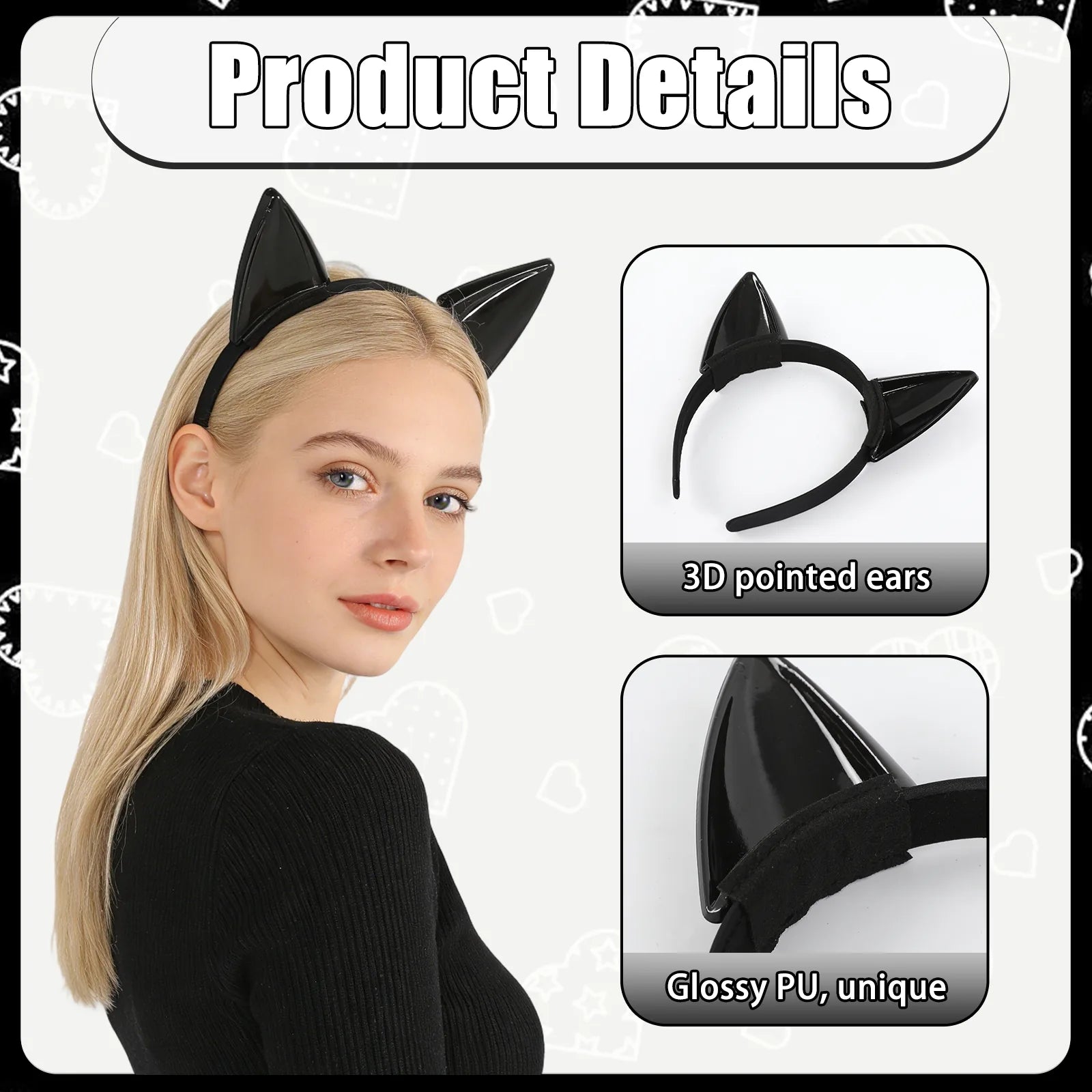 Close-up details of the black cat ear headband, showing visible texture, color, and construction.