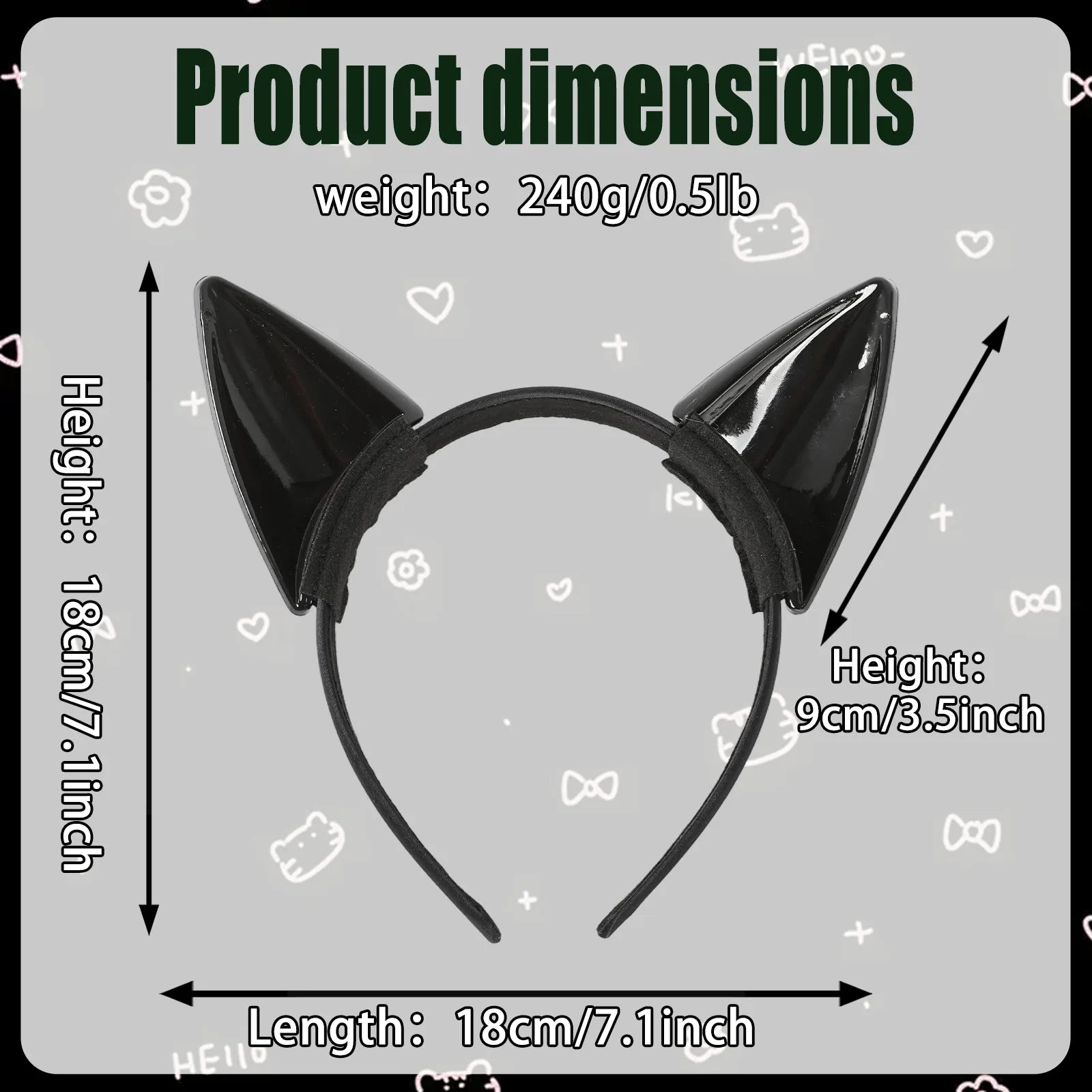 Dimension chart for the black cat ear headband, showing the listed product measurements and scale.