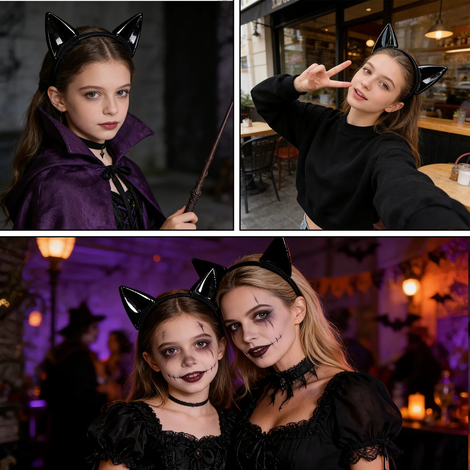 The black cat ear headband shown across several styled Halloween and event display scenes.