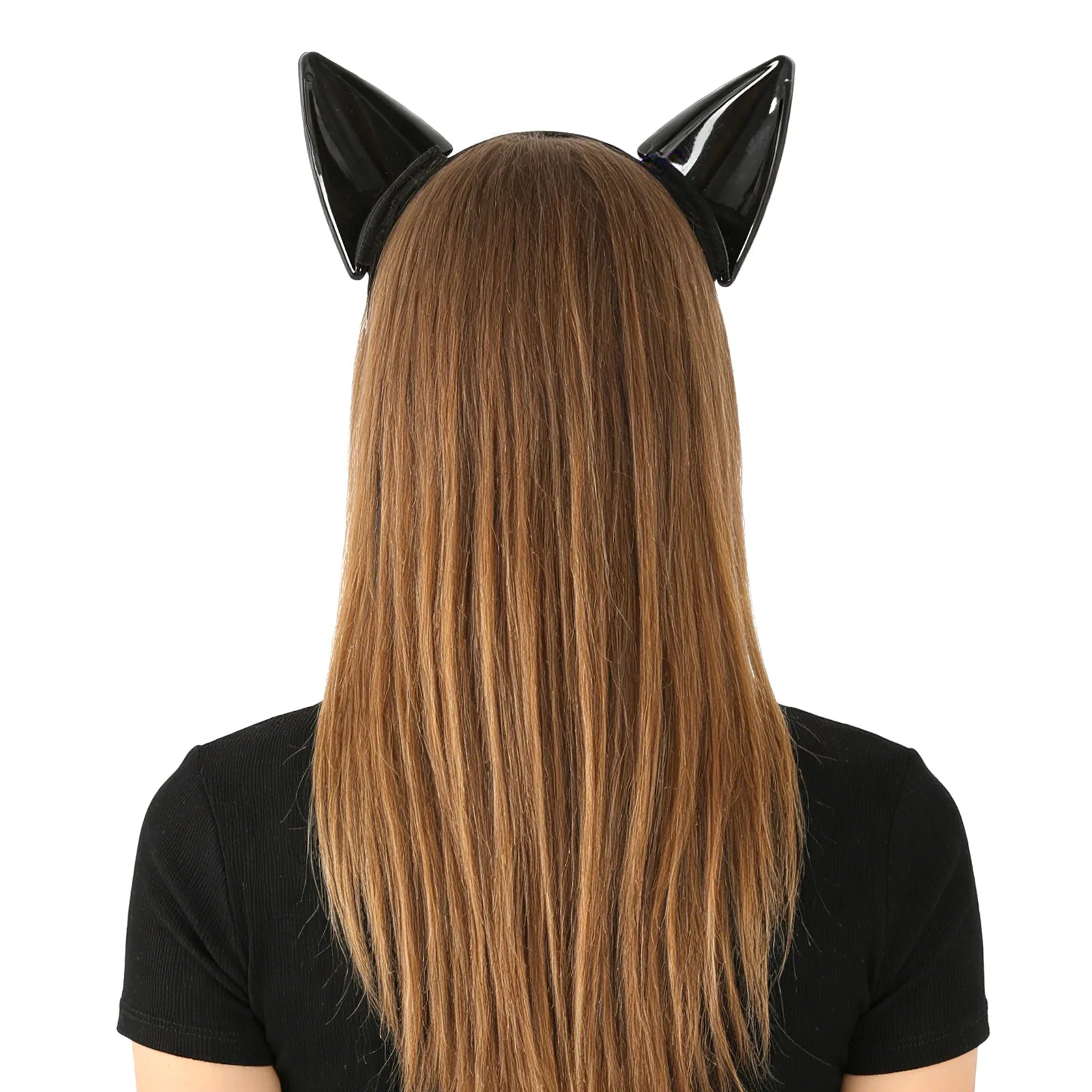 Side view of the black cat ear headband, showing its profile and visible construction details.