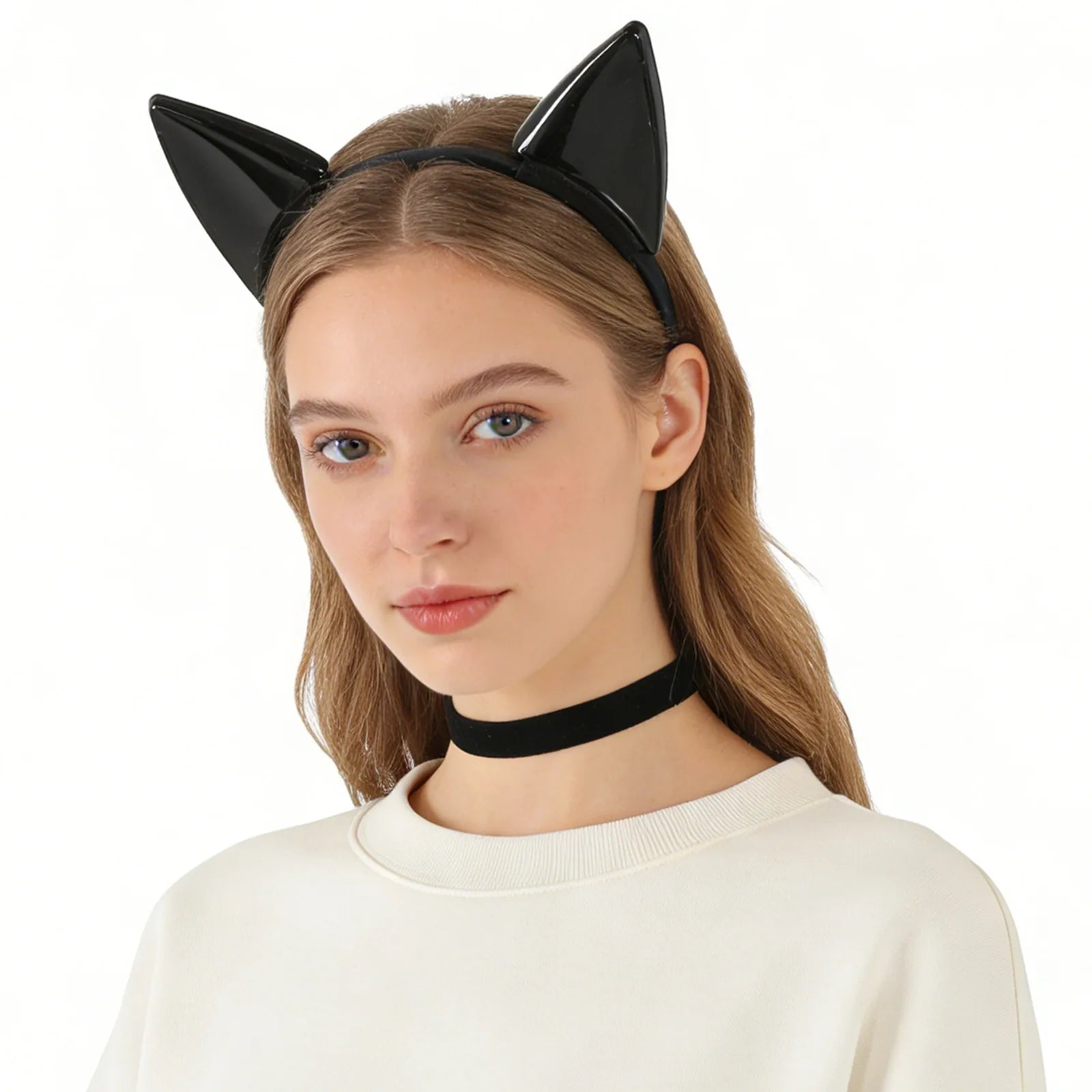 Styled view of the black cat ear headband, showing how the item appears in use.