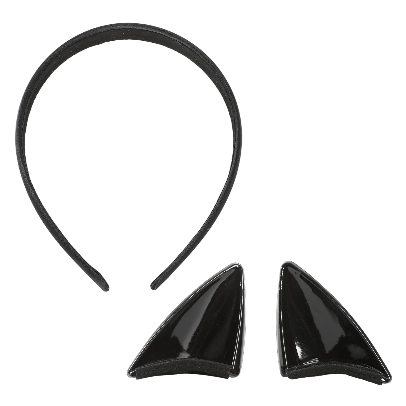 Multiple-angle view of the black cat ear headband, showing its shape from different sides.