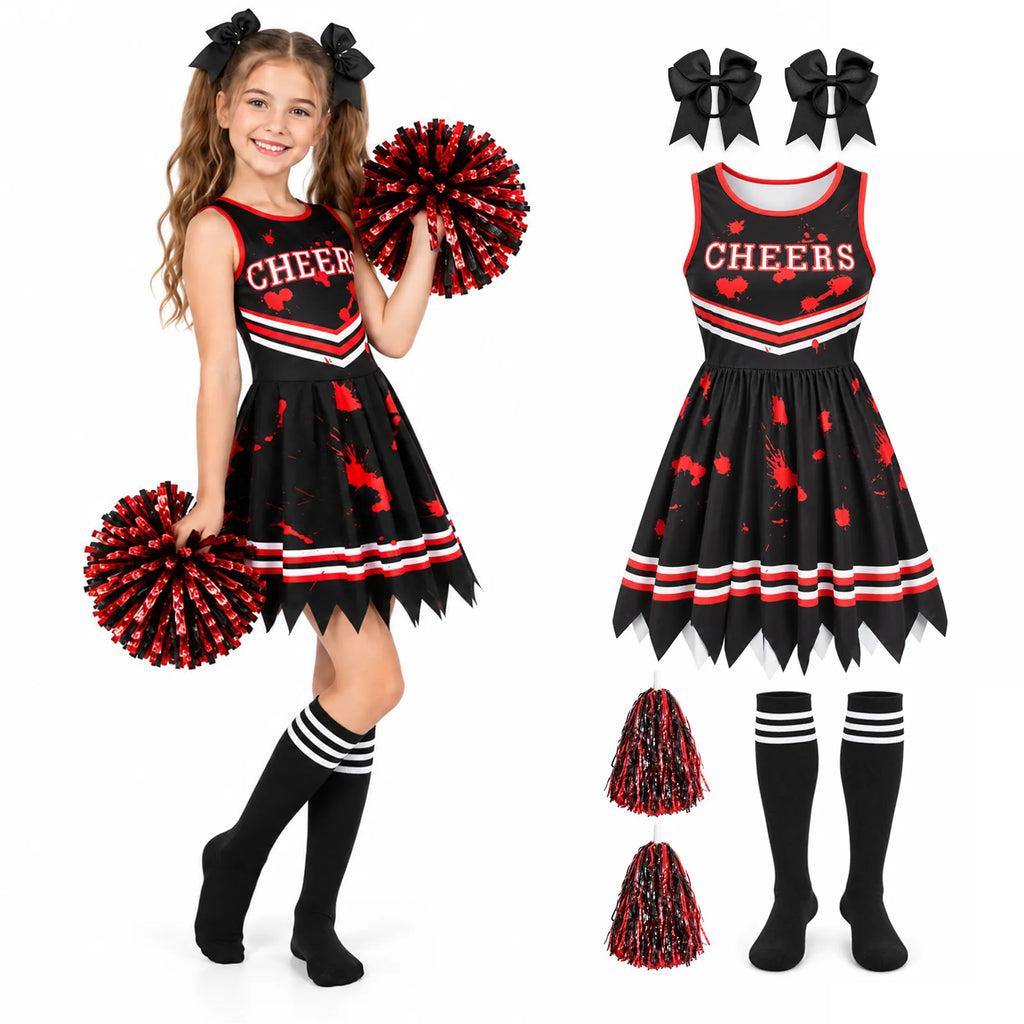 Black cheerleader costume for girls with red accessories displayed as a coordinated six-piece Halloween outfit