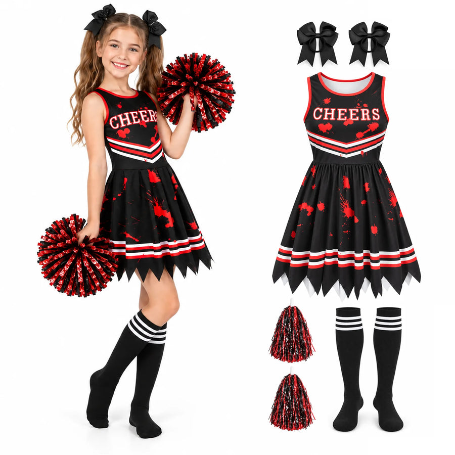 Black cheerleader costume for girls with red accessories displayed as a coordinated six-piece Halloween outfit