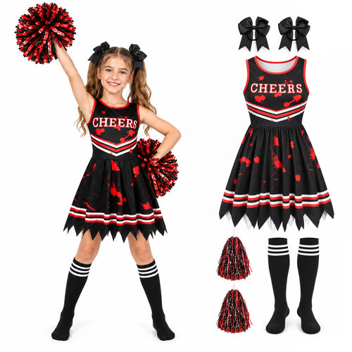 Six-piece red and black cheerleader costume set arranged together against a plain studio background