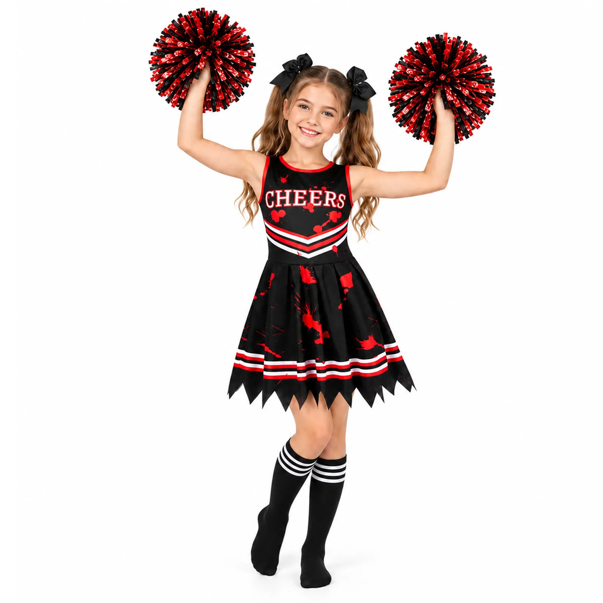 Front view of black cheer dress with red and white trim