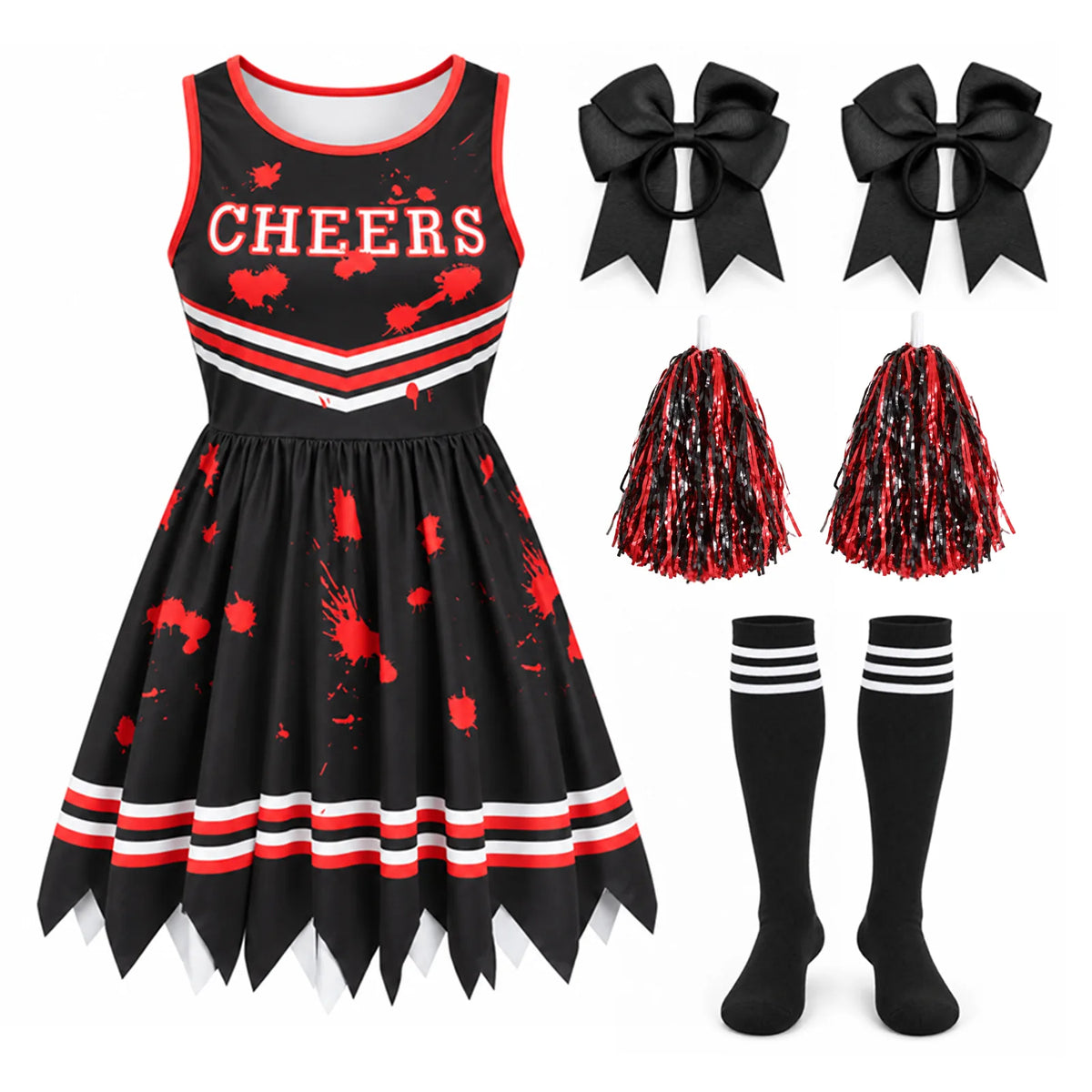 Side view of girls' cheerleader dress and pom-poms photographed from the side to show the costume silhouette