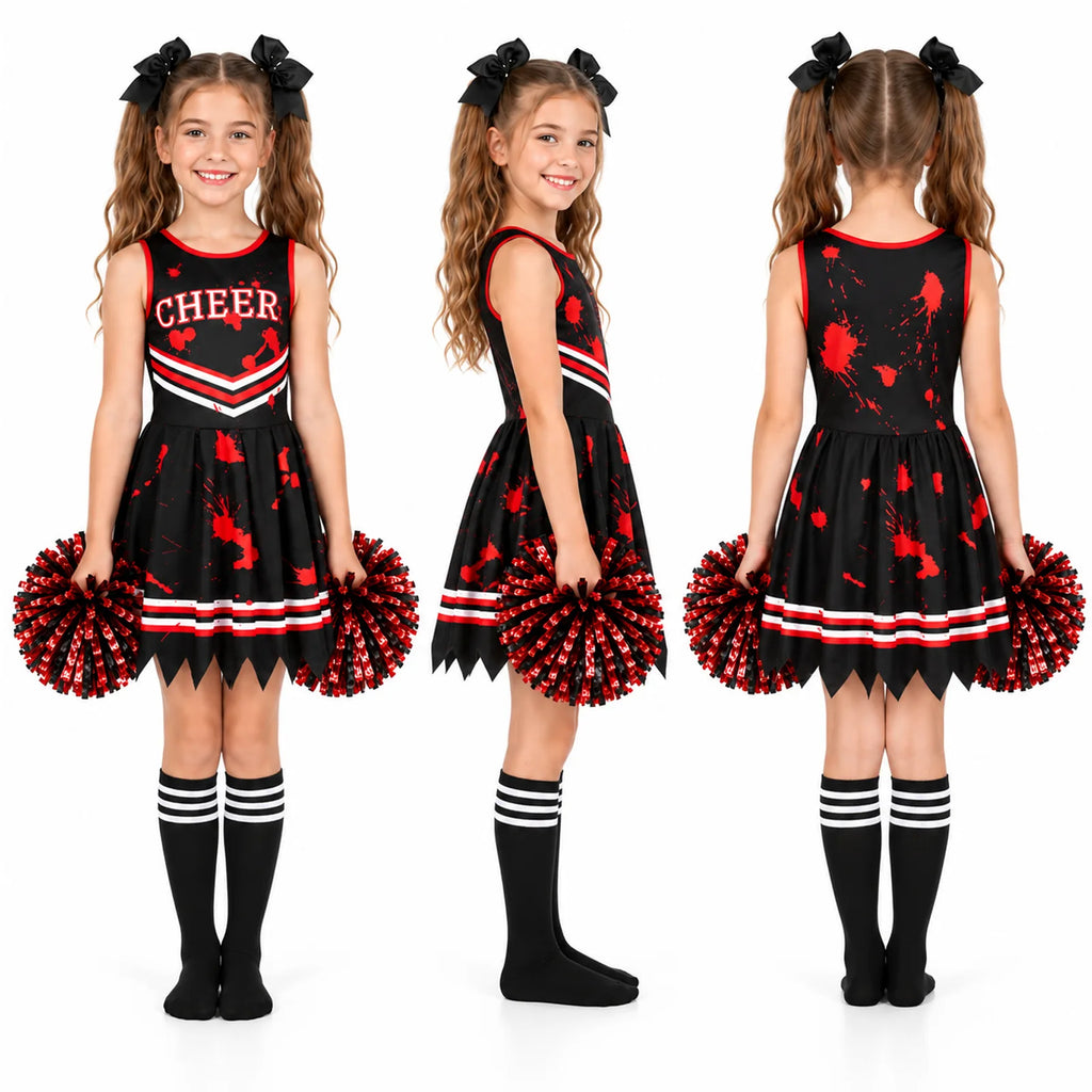 Back view of pleated black cheerleader costume photographed from behind with the pleated skirt visible
