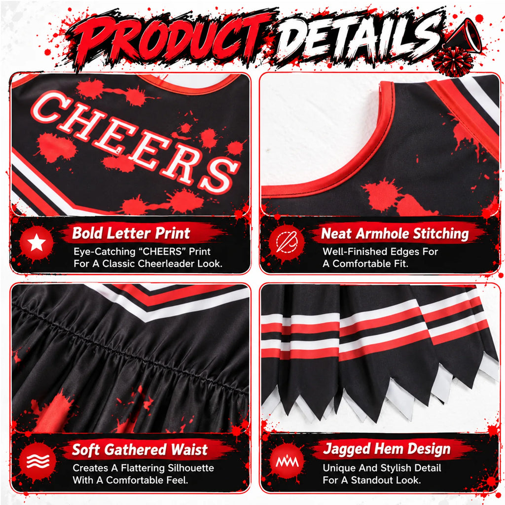 Close-up of pleated skirt and striped cheer trim showing the striped trim and pleated skirt details