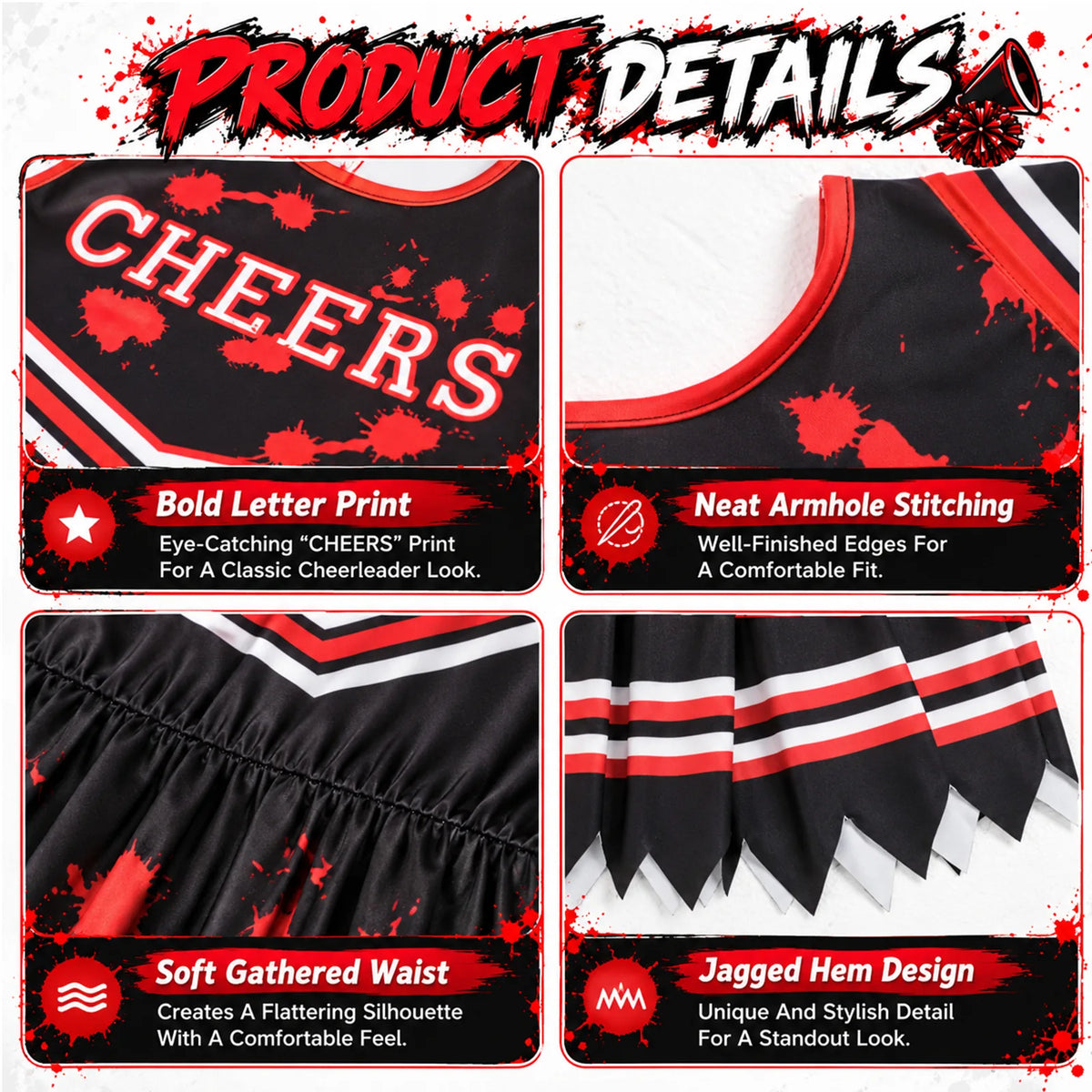 Close-up of pleated skirt and striped cheer trim showing the striped trim and pleated skirt details