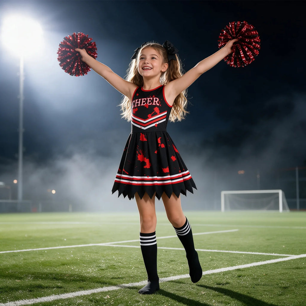Red and black cheerleader costume for a spirit event with matching bows socks and pom-poms clearly visible