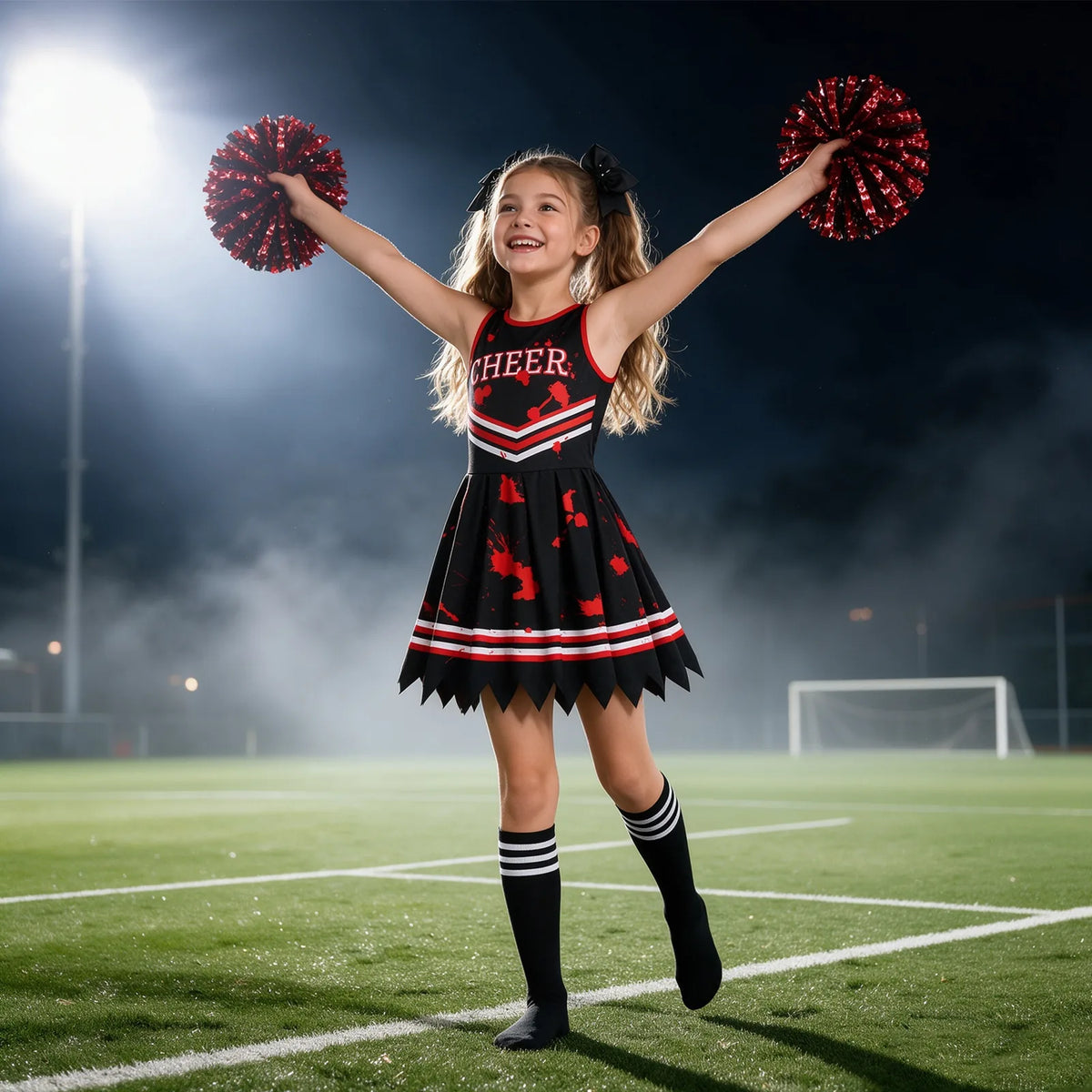 Red and black cheerleader costume for a spirit event with matching bows socks and pom-poms clearly visible