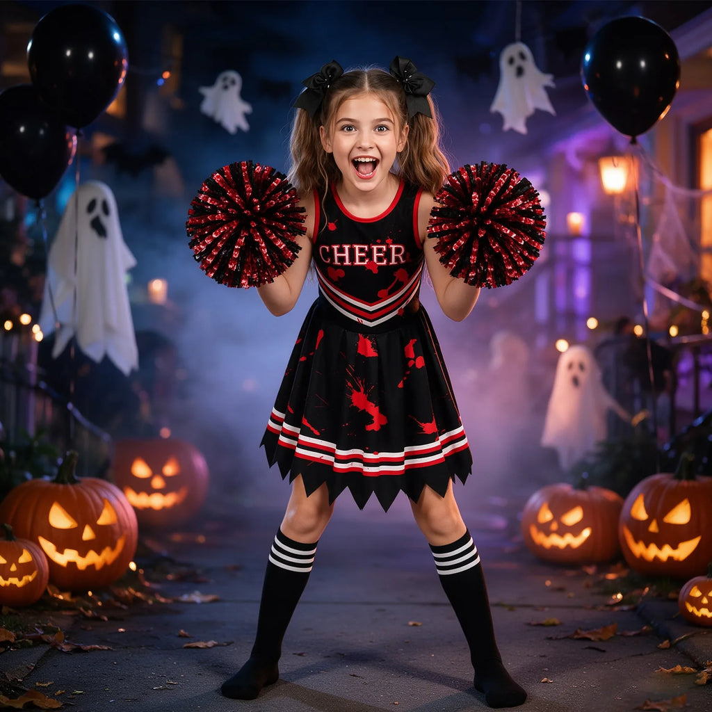 Girls' cheerleader Halloween costume with pom-poms with the coordinated six-piece costume set clearly shown